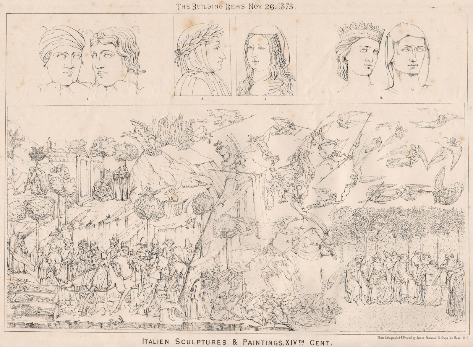 Italian sculptures & paintings, XIVth. Cent. Italy 1875 old antique print